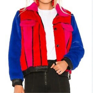 BLANKNYC Multi Color Retro Faux Fur Moto Jacket in Wuz Popping Colorblock Size S